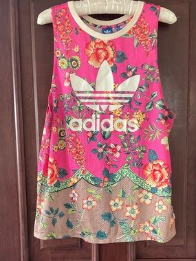 adidas Bright Pink Floral Trefoil Mesh Tank